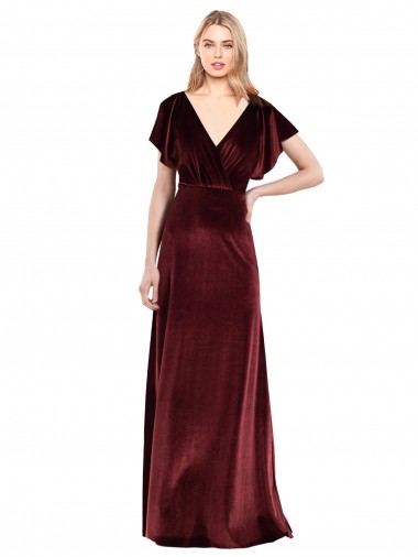 Flutter Sleeves Open Back Long Velvet Bridesmaid Dress / Prom Dress for Sale