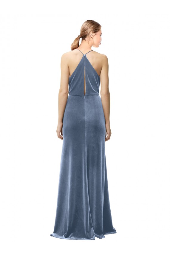 Halter Cowl Neck Long A-Line Velvet Bridesmaid Dress / Prom Dress with Keyhole Back for Sale