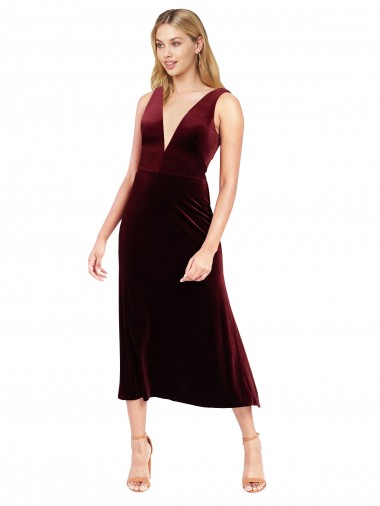 Daring Plunging V-Neckline Short Midi Cocktail Length Velvet Bridesmaid Dress / Prom Dress for Sale