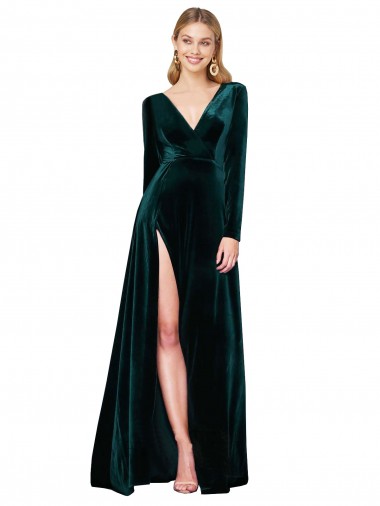 Deep V-Neck Long Sleeves Formal Velvet Bridesmaid Dress / Prom Dress with High Side Split for Sale