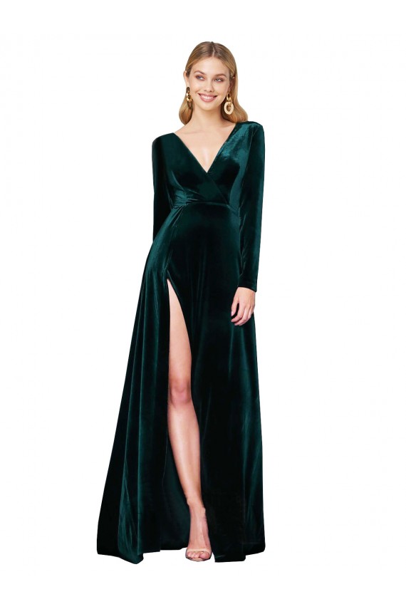 Deep V-Neck Long Sleeves Formal Velvet Bridesmaid Dress / Prom Dress with High Side Split for Sale