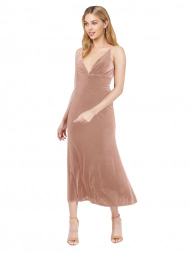 Midi Cocktail Length Short V-Neck Velvet Bridesmaid Dress / Prom Dress with Notched Neckline for Sale