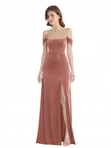 Off the Shoulder Flounce Sleeve Velvet Maxi Bridesmaid Dress / Prom Dress with Pockets for Sale
