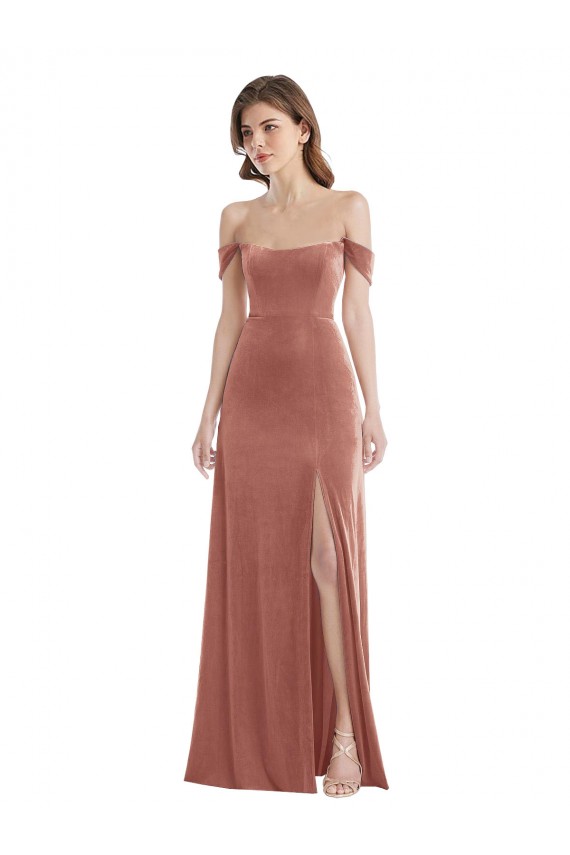 Off the Shoulder Flounce Sleeve Velvet Maxi Bridesmaid Dress / Prom Dress with Pockets for Sale