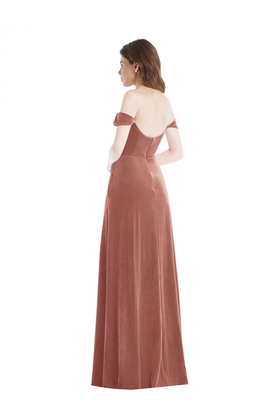 Off the Shoulder Flounce Sleeve Velvet Maxi Bridesmaid Dress / Prom Dress with Pockets for Sale