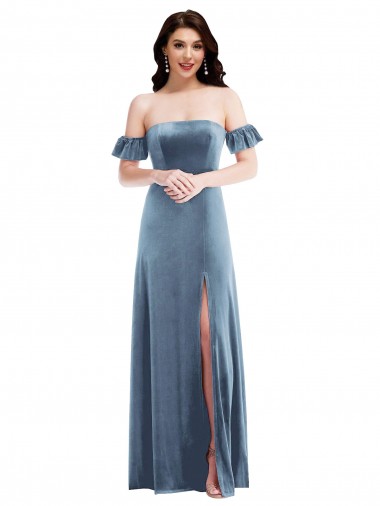 Ruffle Sleeve Off the Shoulder Velvet Maxi Bridesmaid Dress / Prom Dress for Sale