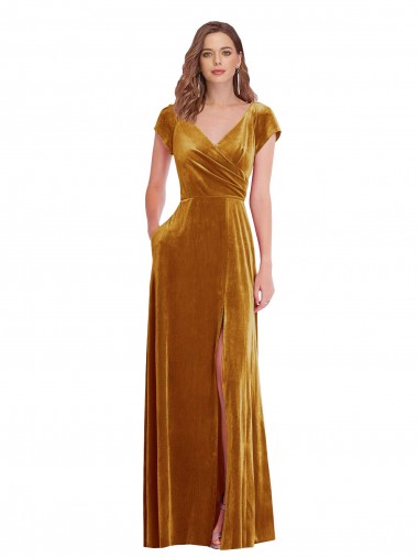 Cap Sleeve Faux Wrap Formal Velvet Maxi Bridesmaid Dress / Prom Dress with Pockets for Sale