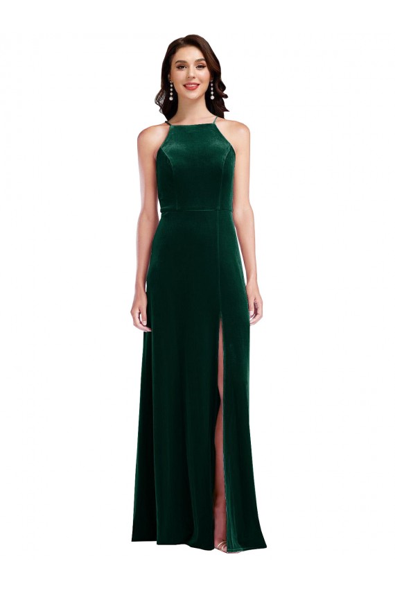 Velvet Halter Maxi Bridesmaid Dress / Prom Dress with Pockets & Front Slit for Sale