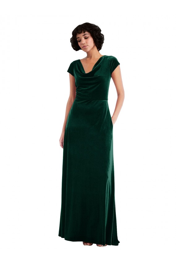 Cowl Neck Cap Sleeve Velvet Maxi Bridesmaid Dress / Prom Dress with Pockets for Sale