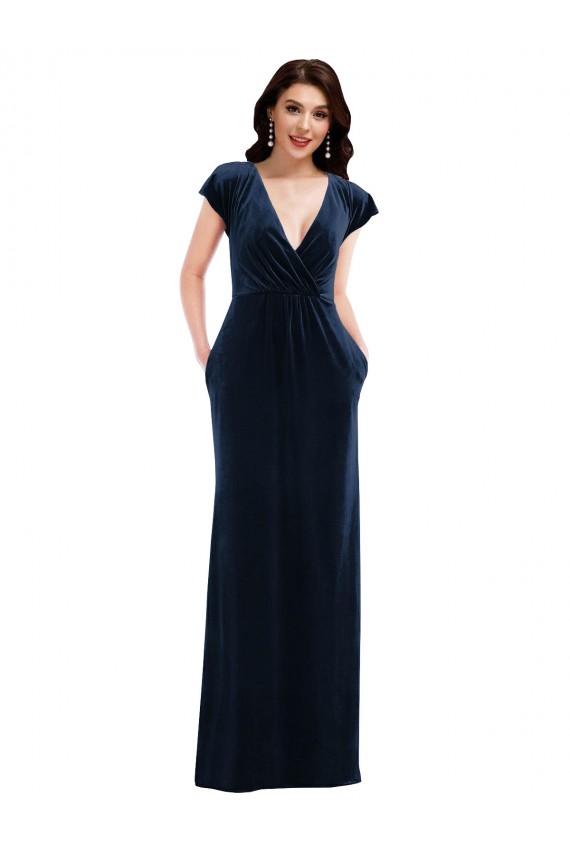 Flutter Sleeve Wrap Bodice Formal Velvet Maxi Bridesmaid Dress / Prom Dress with Pockets for Sale