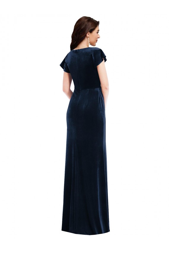 Flutter Sleeve Wrap Bodice Formal Velvet Maxi Bridesmaid Dress / Prom Dress with Pockets for Sale