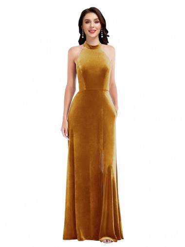 High-Neck Halter Velvet Maxi Bridesmaid Dress / Prom Dress with Front Slit for Sale