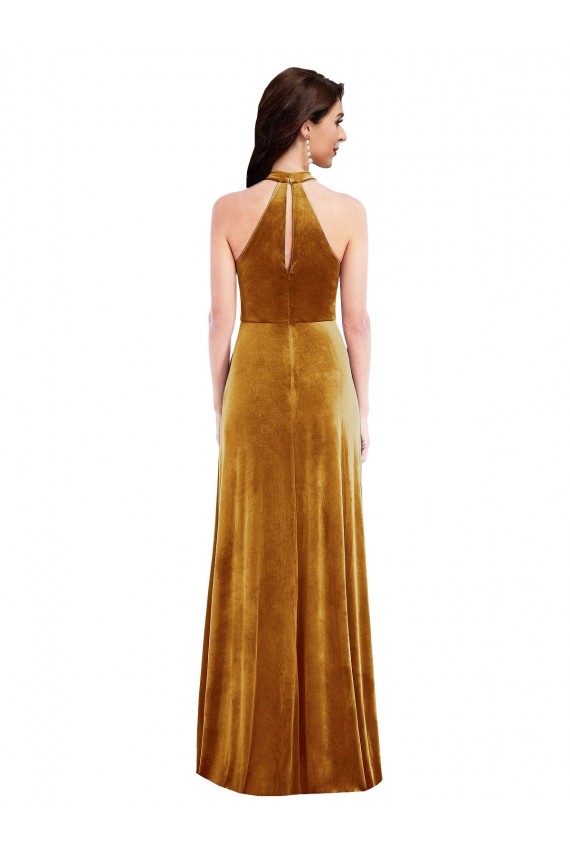 High-Neck Halter Velvet Maxi Bridesmaid Dress / Prom Dress with Front Slit for Sale