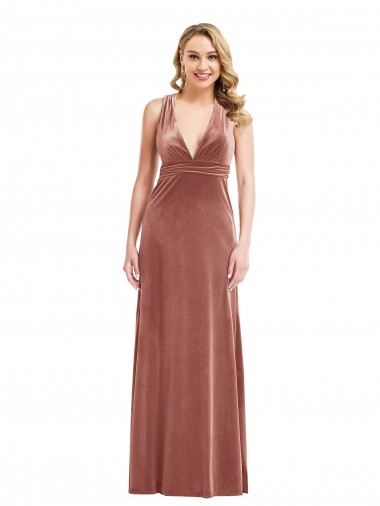 Plunging Neckline Formal Velvet Maxi Bridesmaid Dress / Prom Dress with Criss Cross Open Back for Sale