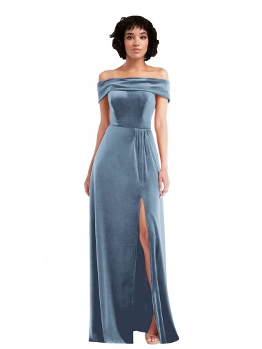 Draped Cuff Off the Shoulder Velvet Maxi Bridesmaid Dress / Prom Dress with Pockets for Sale