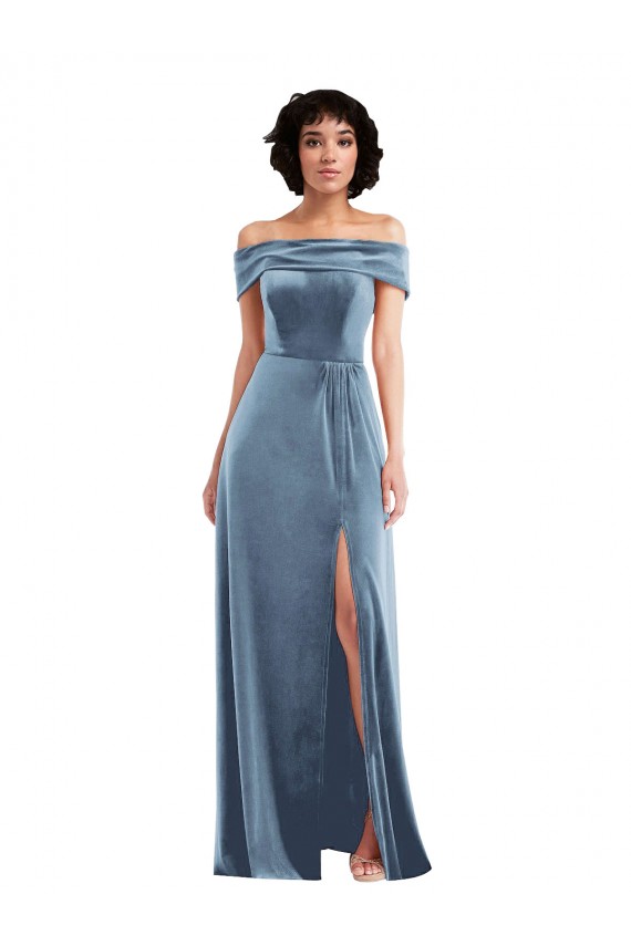 Draped Cuff Off the Shoulder Velvet Maxi Bridesmaid Dress / Prom Dress with Pockets for Sale