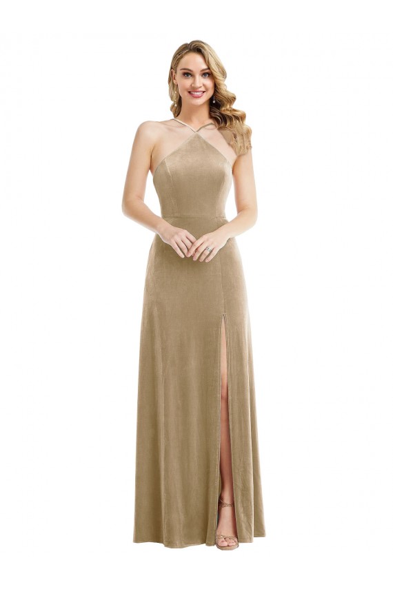 High Neck Halter Open Back Long Velvet Maxi Bridesmaid Dress / Prom Dress & Pockets for Sale