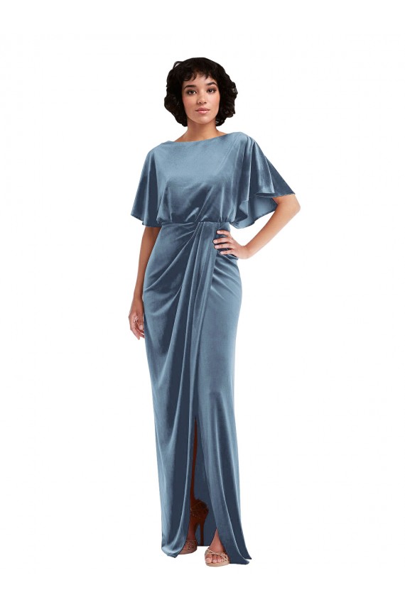 Flutter Sleeve Open Back Velvet Maxi Bridesmaid Dress / Prom Dress with Pockets & Draped Wrap Skirt Pockets for Sale
