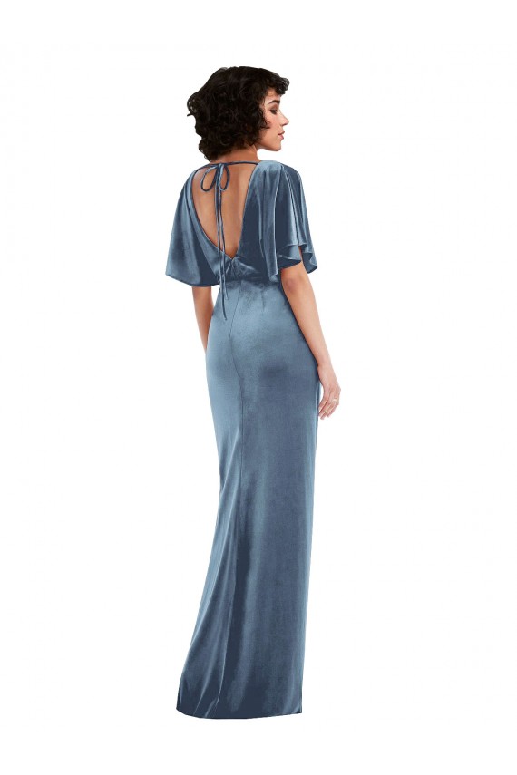Flutter Sleeve Open Back Velvet Maxi Bridesmaid Dress / Prom Dress with Pockets & Draped Wrap Skirt Pockets for Sale