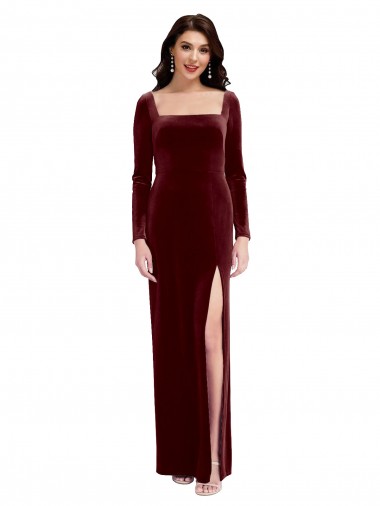 Sleek Square Neck Spaghetti Straps Velvet Bridesmaid Dress / Prom Dress with Side Slit for Sale