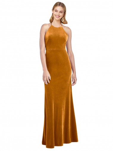 Halter Neckline Long Full Length Formal Velvet Bridesmaid Dress / Prom Dress with Strappy Back for Sale