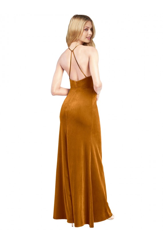 Halter Neckline Long Full Length Formal Velvet Bridesmaid Dress / Prom Dress with Strappy Back for Sale