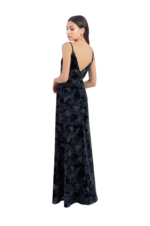 Floral Velvet Surplice V-Neck Long Bridesmaid Dress with V-Back for Sale
