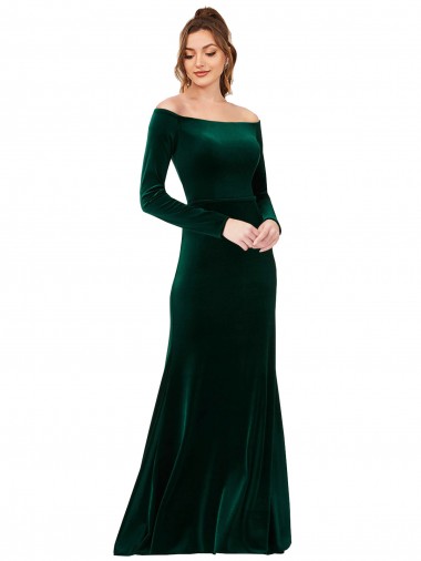 Off the Shoulder Long Sleeves Formal Stretch Velvet Bridesmaid Dress / Prom Dress for Sale