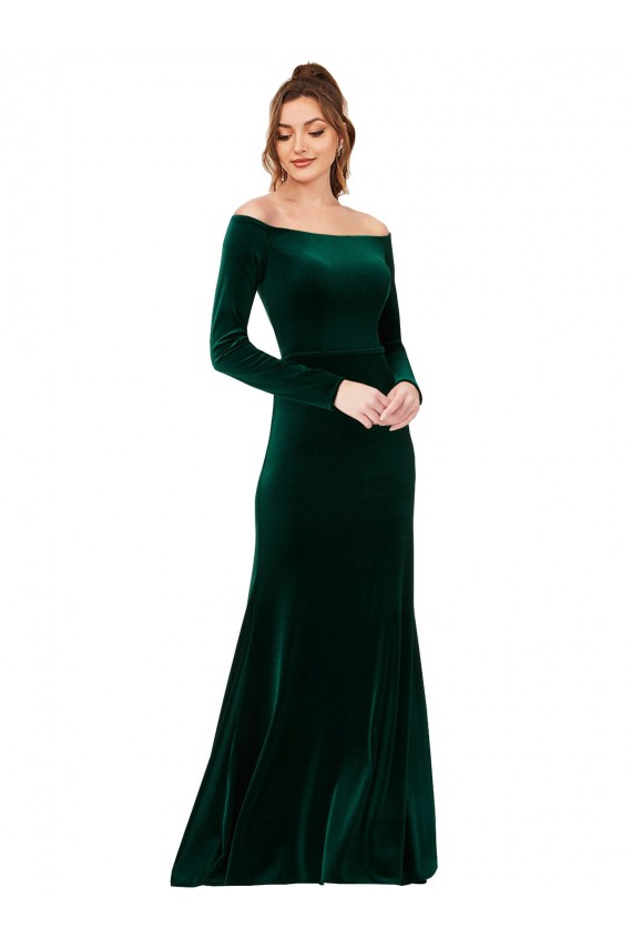 Off the Shoulder Long Sleeves Formal Stretch Velvet Bridesmaid Dress / Prom Dress for Sale