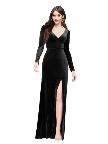 Long Sleeves Formal Velvet Bridesmaid Dress / Prom Dress with V-Neckline and Thigh Slit for Sale