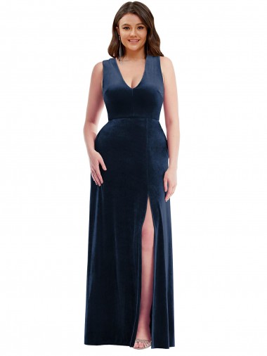 Deep V-Neck Sleeveless Formal Velvet Maxi Bridesmaid Dress / Prom Dress with Pockets for Sale