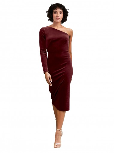 One Shoulder Fitted Short Midi Length Velvet Bridesmaid Dress / Prom Dress for Sale