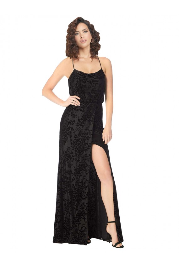 Floral Velvet Cowl Neck Bridesmaid Dress with Skirt Slit for Sale