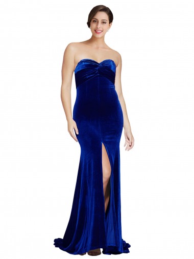 Strapless Ruched Formal Velvet Bridesmaid Dress / Prom Dress with Sweep Train and Front Slit for Sale