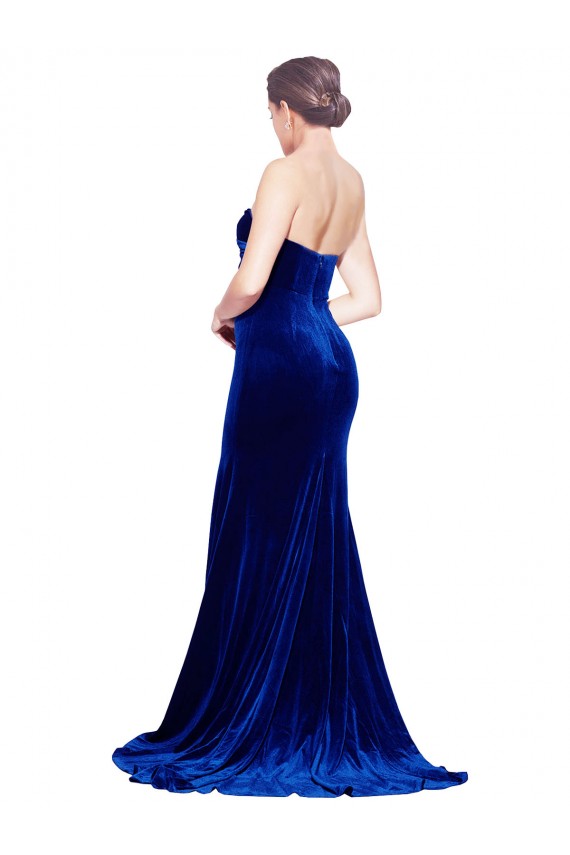 Strapless Ruched Formal Velvet Bridesmaid Dress / Prom Dress with Sweep Train and Front Slit for Sale