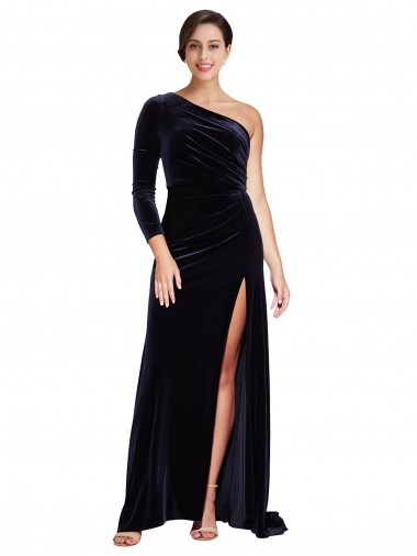 One Sleeve Long Formal Velvet Bridesmaid Dress / Prom Dress with Thigh High Split for Sale