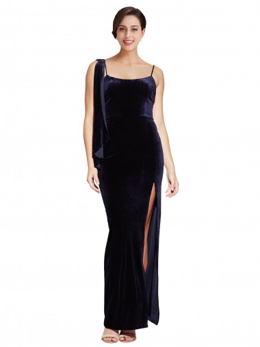 Long Formal Velvet Bridesmaid Dress / Prom Dress with Side Thigh Split and Shoulder Tie for Sale