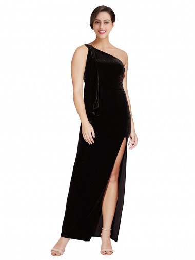 One Shoulder Long Formal Velvet Bridesmaid Dress / Prom Dress with Side Split and Shoulder Tie for Sale