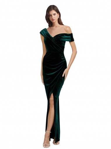 Long Asymmetric Neckline Ruched Formal Velvet Bridesmaid Dress / Prom Dress for Sale