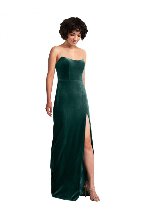 Scooped Strapless Long Formal Velvet Bridesmaid Dress / Prom Dress with Daring Side Slit for Sale