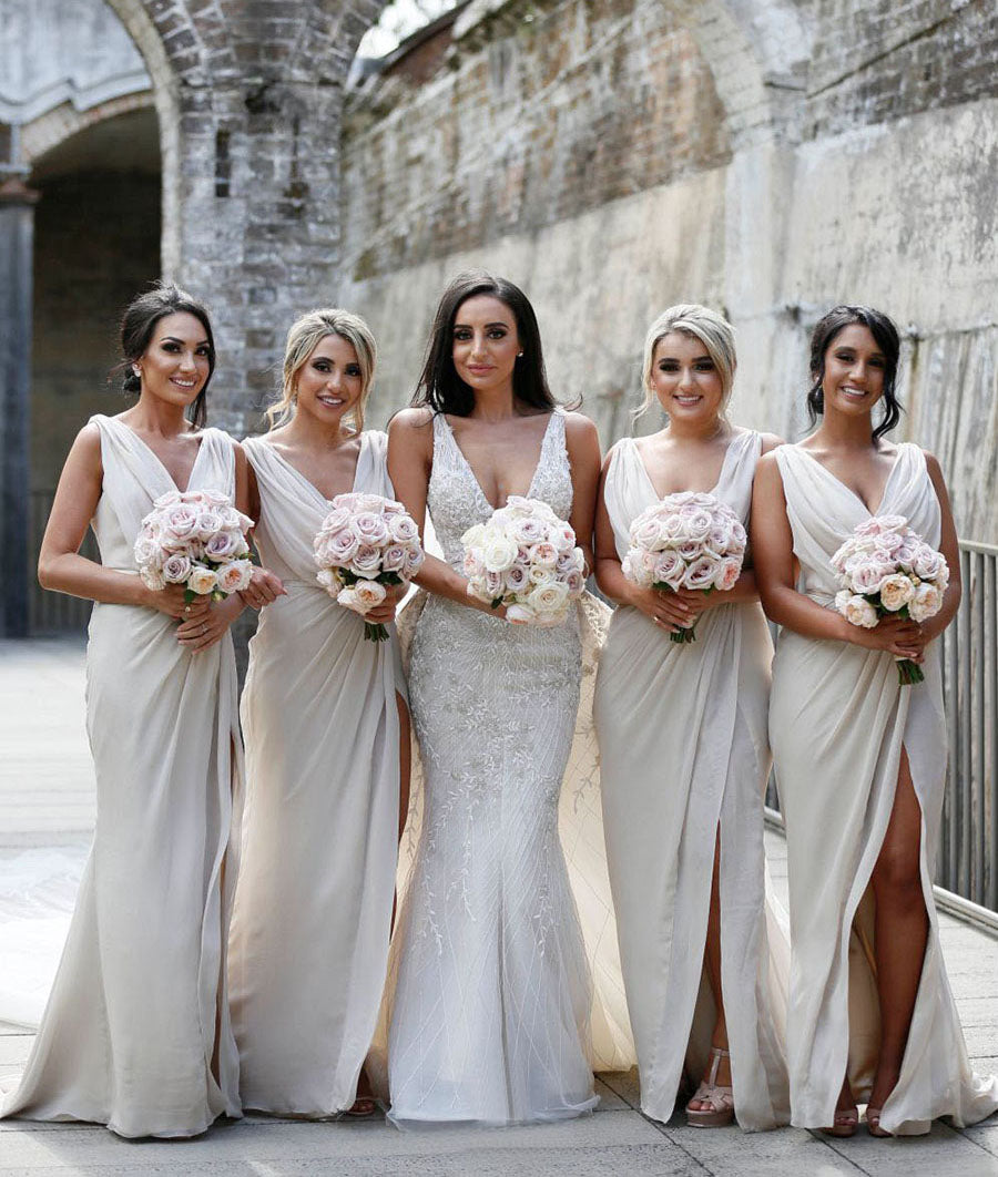 Full Length Luxe Chiffon Long Champagne bridesmaid dresses for sale with Sexy High Slit and Front Ruffles
