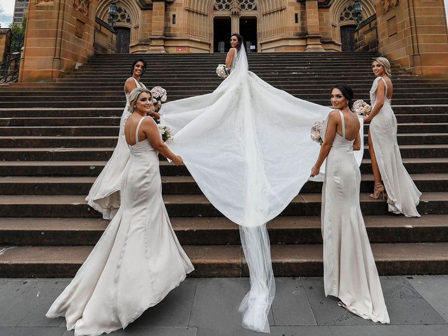 Full Length Luxe Chiffon Long Champagne bridesmaid dresses for sale with Sexy High Slit and Front Ruffles